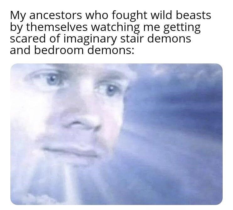 funny gaming memes - god memes - My ancestors who fought wild beasts by themselves watching me getting scared of imaginary stair demons and bedroom demons