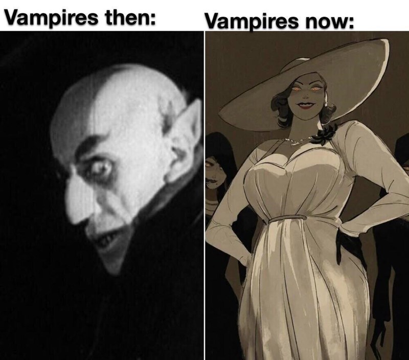 funny gaming memes - lady dimitrescu - Vampires then Vampires now
