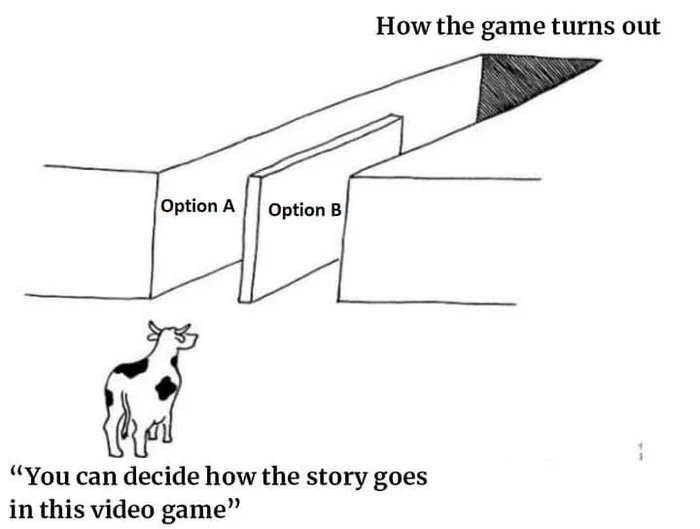 funny gaming memes - tomboy illusion of choice - How the game turns out Option A Option B them You can decide how the story goes in this video game