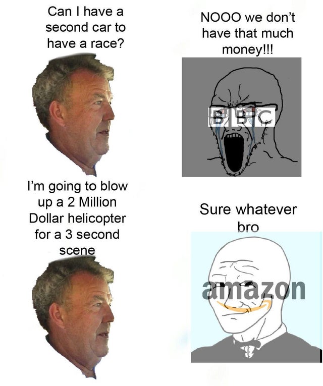 cartoon - Can I have a second car to have a race? Nooo we don't have that much money!!! Bibic I'm going to blow up a 2 Million Dollar helicopter for a 3 second scene Sure whatever bro amazon