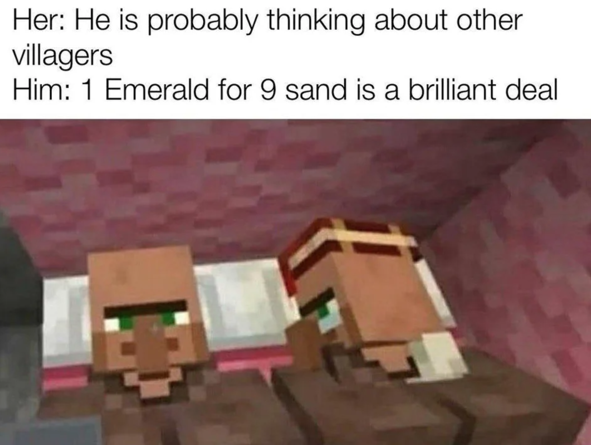 funny gaming memes - he's probably thinking about other villagers - Her He is probably thinking about other villagers Him 1 Emerald for 9 sand is a brilliant deal