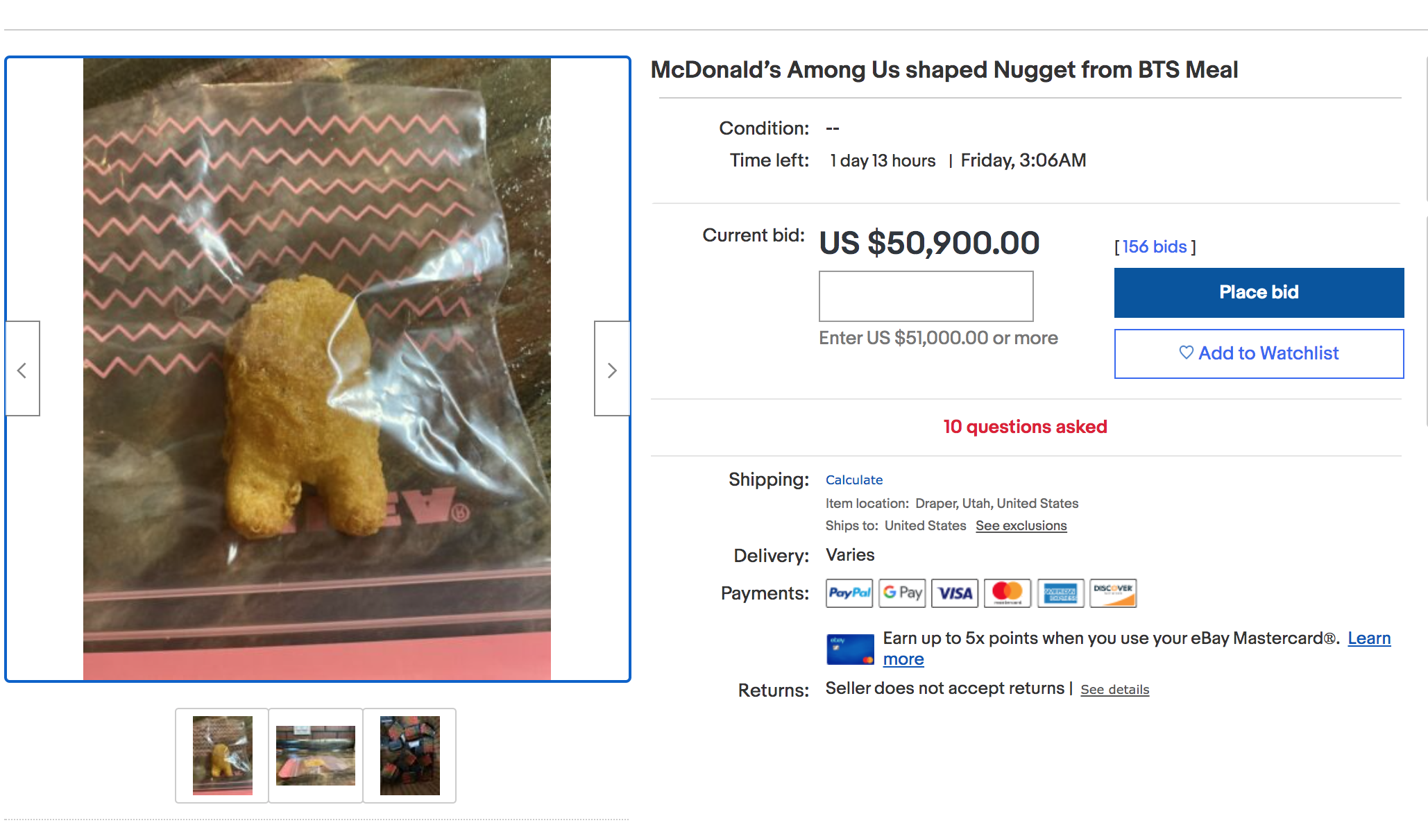 media - McDonald's Among Us shaped Nugget from Bts Meal Condition Time left 1 day 13 hours Friday, Am Current bid Us $50,900.00 156 bids Place bid Enter Us $51,000.00 or more Add to Watchlist 10 questions asked Shipping Cake location Draper, Lhah, United 