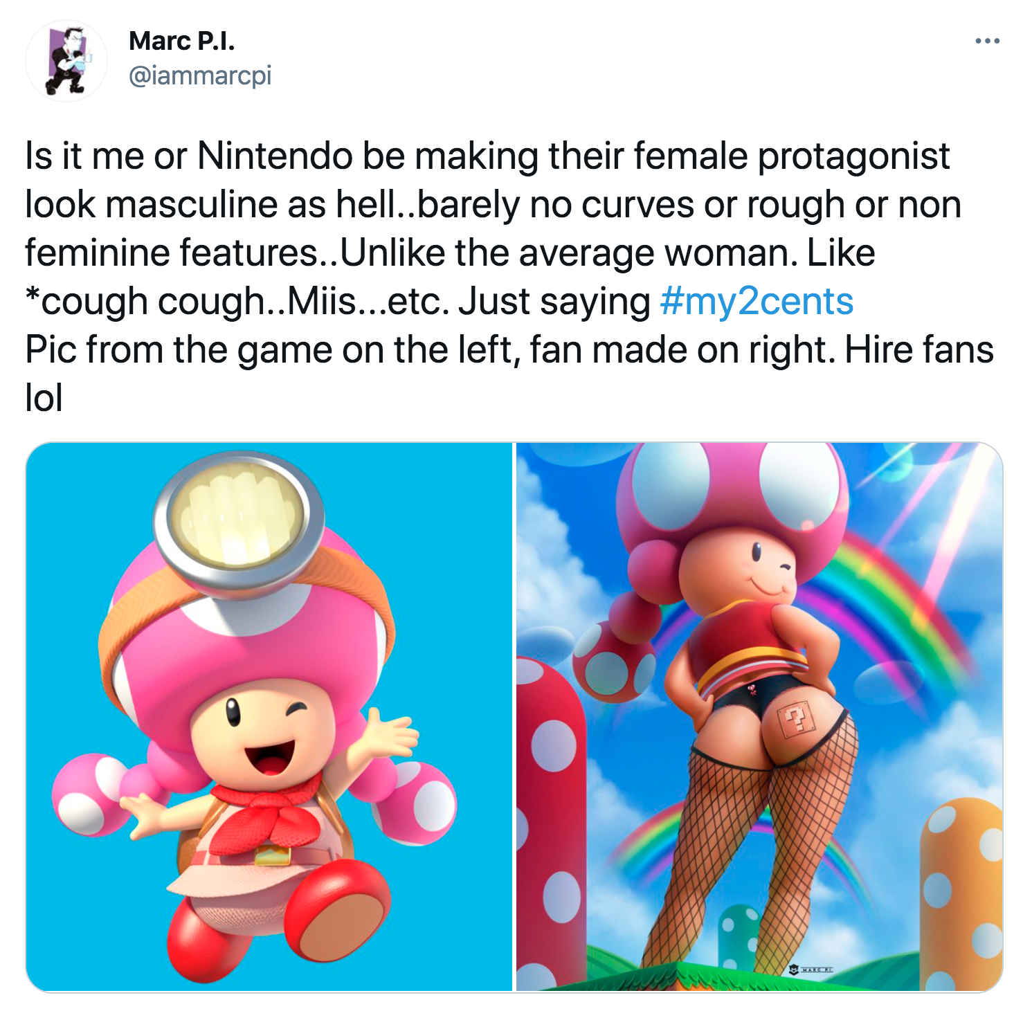 funny gaming memes - cartoon - Marc P.I. Is it me or Nintendo be making their female protagonist look masculine as hell..barely no curves or rough or non feminine features..Un the average woman. cough cough.. Miis...etc. Just saying Pic from the game on t