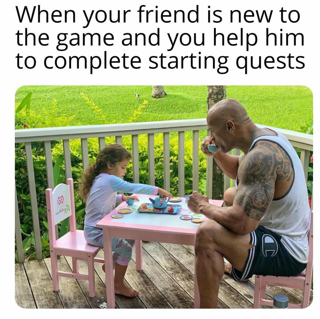 funny gaming memes -  kinderguardians meme - When your friend is new to the game and you help him to complete starting quests