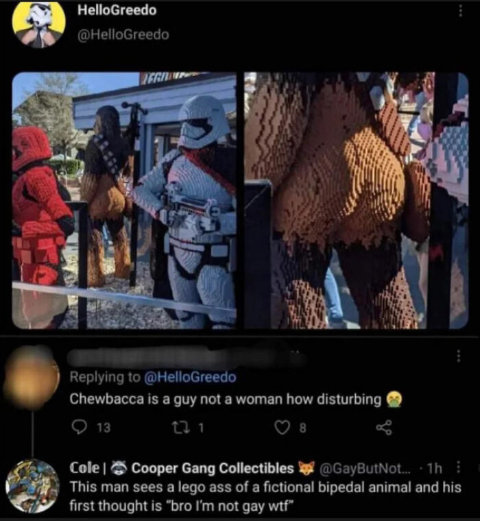 cringe pics - pointlessly gendered memes - HelloGreedo Chewbacca is a guy not a woman how disturbing 13 8 Cole Cooper Gang Collectibles ... .th This man sees a lego ass of a fictional bipedal animal and his first thought is "bro I'm not gay wtf"