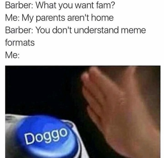 funny anti memes - Barber What you want fam? Me My parents aren't home Barber You don't understand meme formats Me Doggo