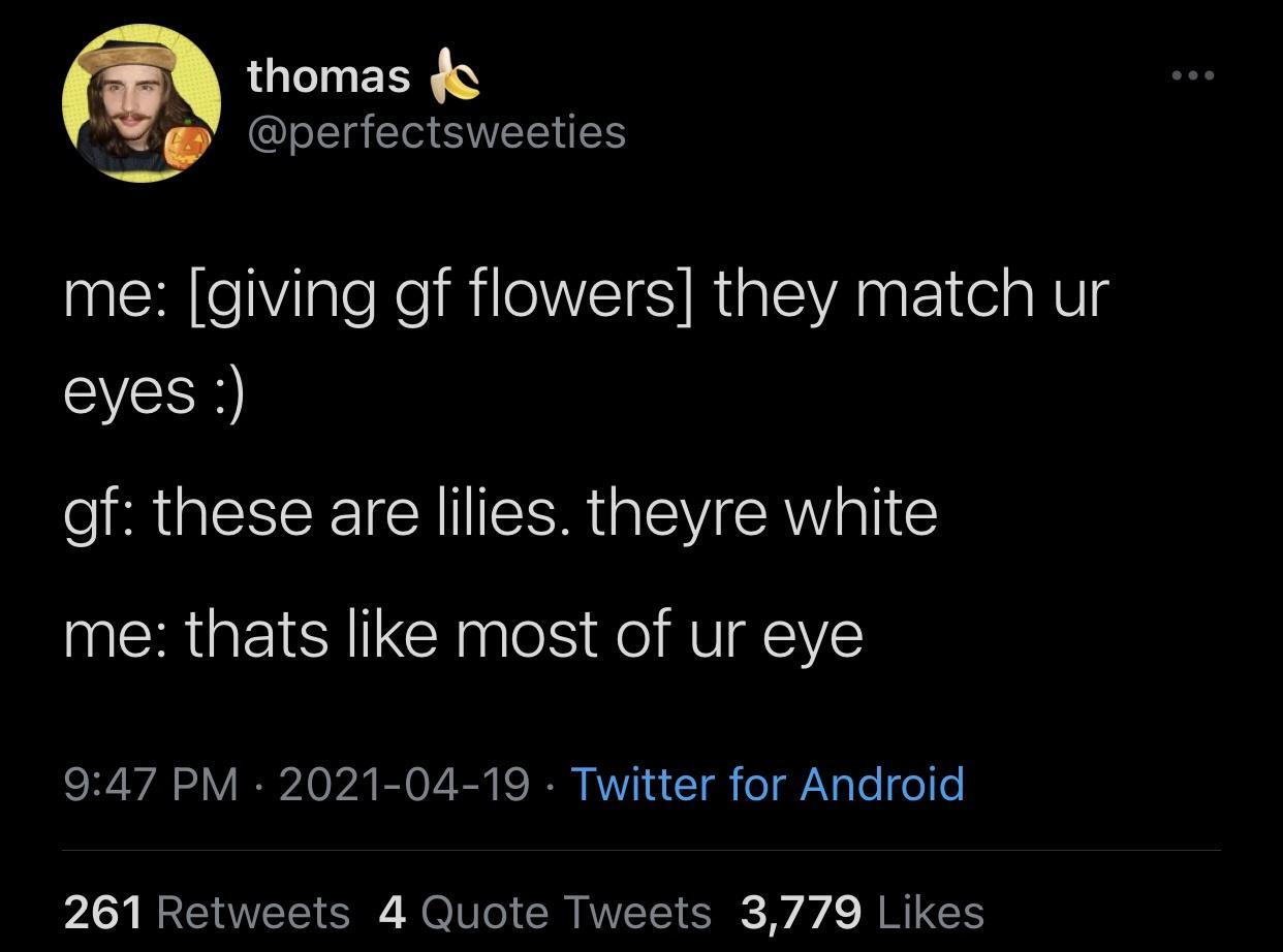 funny tweets - atmosphere - thomas de me giving gf flowers they match ur eyes gf these are lilies. theyre white me thats most of ur eye Twitter for Android 261 4 Quote Tweets 3,779