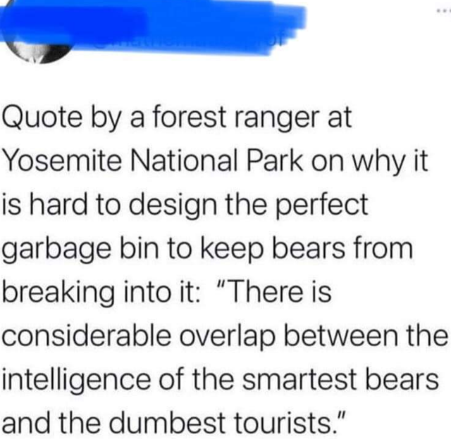 dark-memes paper - Quote by a forest ranger at Yosemite National Park on why it is hard to design the perfect garbage bin to keep bears from breaking into it "There is considerable overlap between the intelligence of the smartest bears and the dumbest tou
