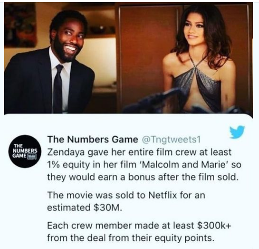 wholesome-posts photo caption - The The Numbers Game Numbers Zendaya gave her entire film crew at least 1% equity in her film 'Malcolm and Marie' so they would earn a bonus after the film sold. The movie was sold to Netflix for an estimated $30M. Each cre