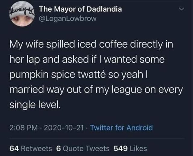 wholesome-posts atmosphere - wage The Mayor of Dadlandia My wife spilled iced coffee directly in her lap and asked if I wanted some pumpkin spice twatt so yeah married way out of my league on every single level. . Twitter for Android 64 6 Quote Tweets 549