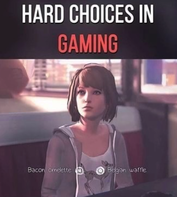 funny gaming memes - games memes - Hard Choices In Gaming Bacon omelette Belgian waffle