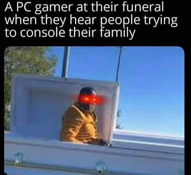 funny gaming memes - console bad memes - A Pc gamer at their funeral when they hear people trying to console their family