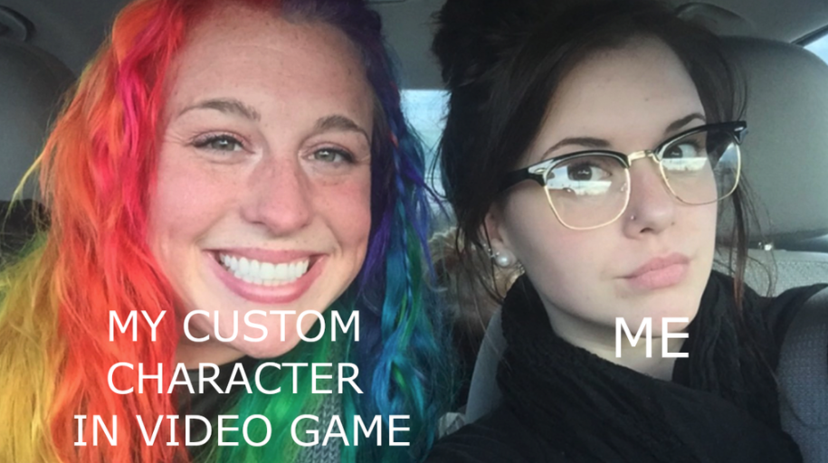 funny gaming memes -  girl with rainbow hair and girl with black hair - Me My Custom Character In Video Game