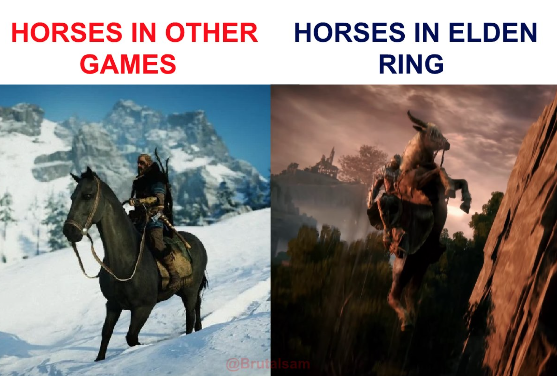 funny gaming memes - assassin's creed valhalla wolf companion - Horses In Other Games Horses In Elden Ring Bram