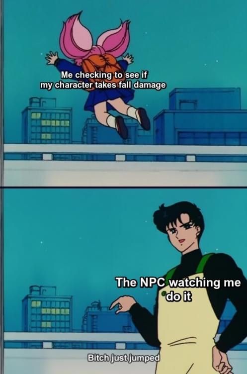 funny gaming memes - sailor moon memes - Me checking to see if my character takes fall damage 4. The Npc watching me do it Bitch just jumped
