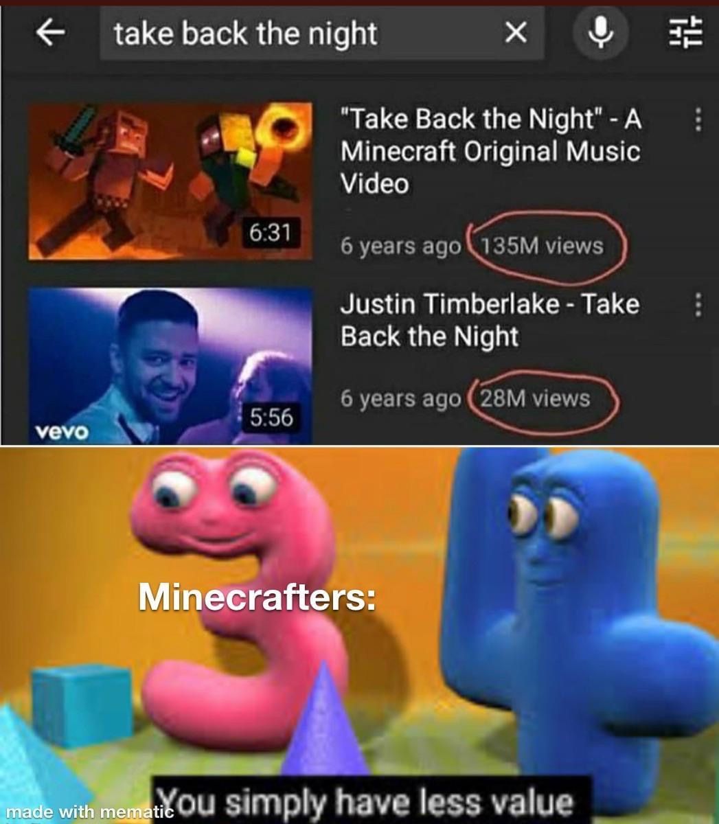 funny gaming memes - you simply have less value - take back the night "Take Back the Night" A Minecraft Original Music Video 6 years ago 135M views Justin Timberlake Take Back the Night 6 years ago 28M views vevo Minecrafters made with mematikou simply ha