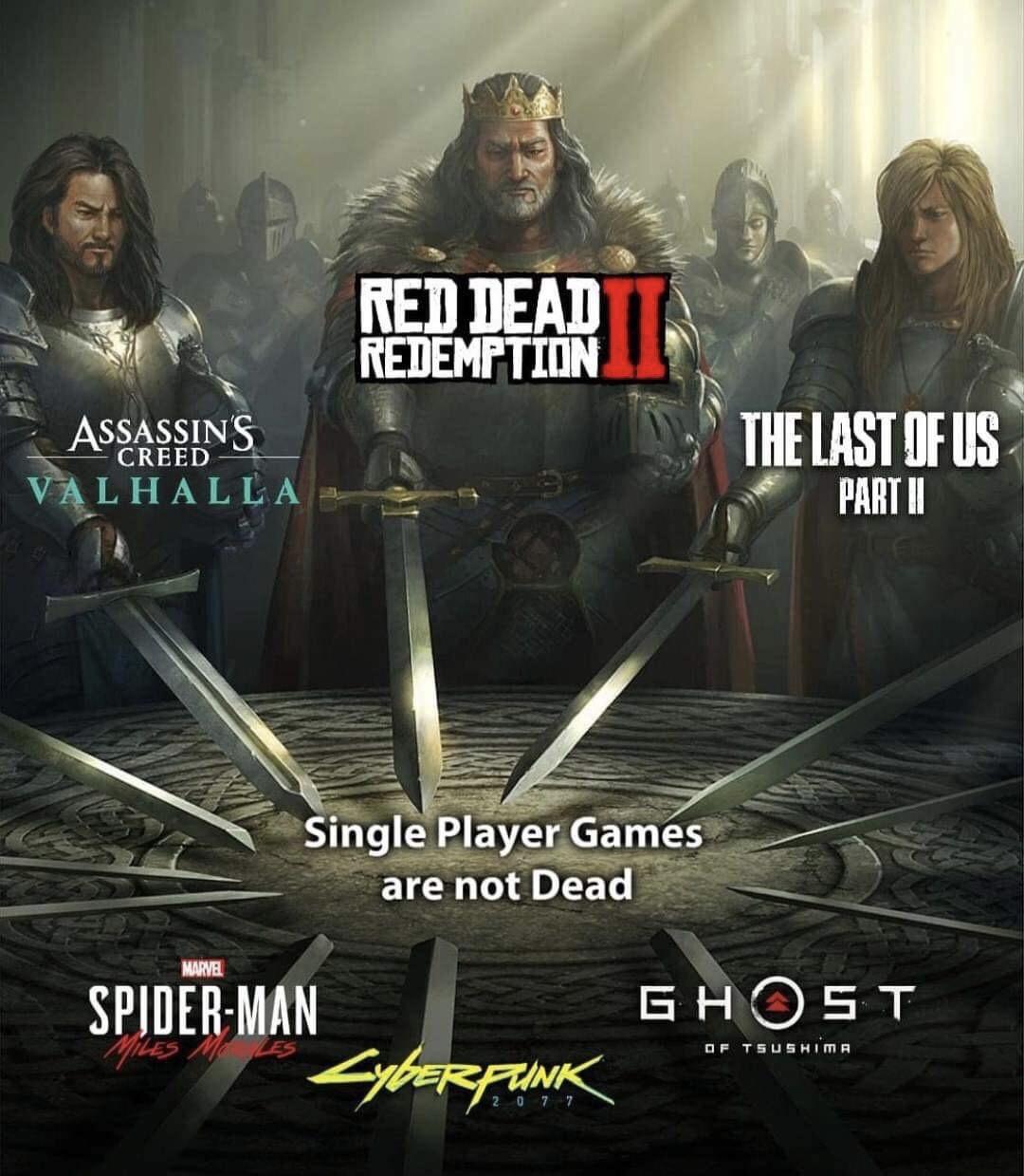 funny gaming memes - swords united meme template - Red Dead Redemption Assassin'S Valhalla The Last Of Us Creed Part Ii Single Player Games are not Dead Marve SpiderMan Ghost Of Tsushima Cyberfunk