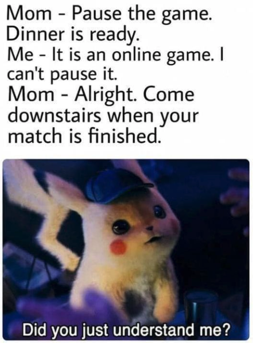 funny gaming memes - mom pause the game - Mom Pause the game. Dinner is ready Me It is an online game. I can't pause it. Mom Alright. Come downstairs when your match is finished. Did you just understand me?