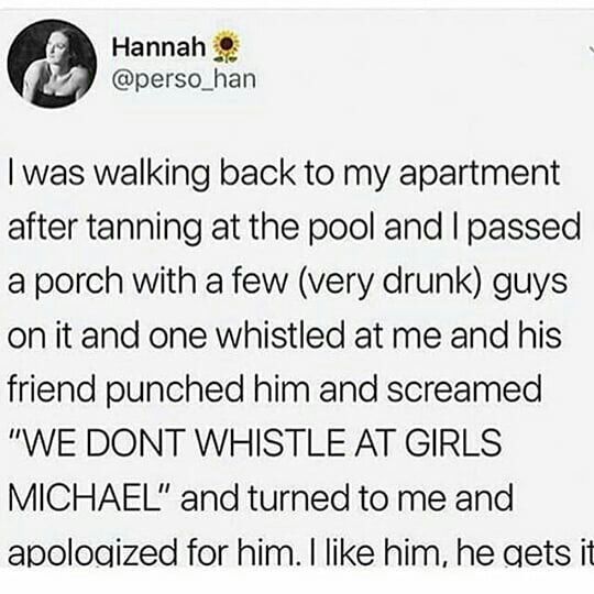 document - Hannah I was walking back to my apartment after tanning at the pool and I passed a porch with a few very drunk guys on it and one whistled at me and his friend punched him and screamed "We Dont Whistle At Girls Michael" and turned to me and apo