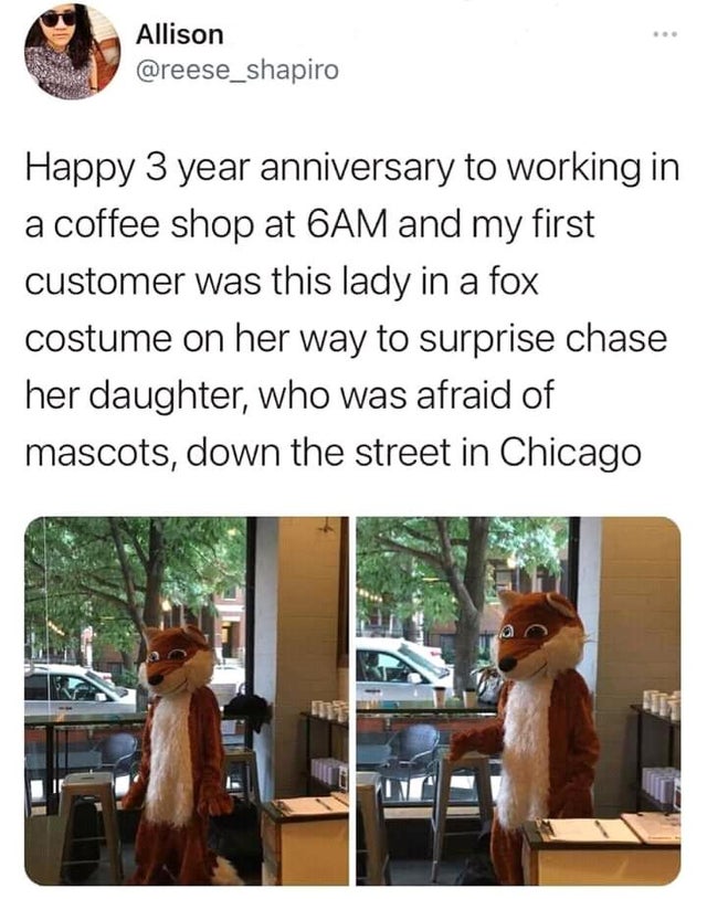 media - Allison Happy 3 year anniversary to working in a coffee shop at 6AM and my first customer was this lady in a fox costume on her way to surprise chase her daughter, who was afraid of mascots, down the street in Chicago