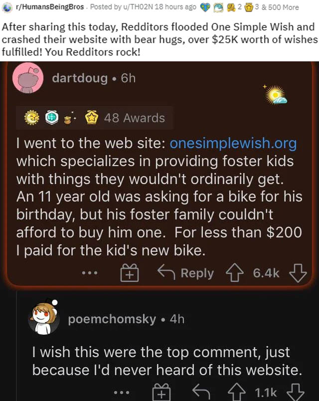 screenshot - rHumansBeingBros. Posted by uTHO2N 18 hours ago 23 & 500 More After sharing this today, Redditors flooded One Simple Wish and crashed their website with bear hugs, over $25K worth of wishes fulfilled! You Redditors rock! dartdoug . 6h 48 Awar