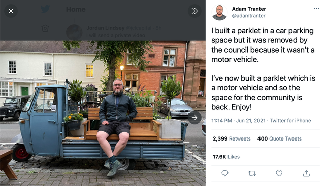 Not Just Bikes - Home Jordan Lindsey will send a private video Adam Tranter I built a parklet in a car parking space but it was removed by the council because it wasn't a motor vehicle. He . I've now built a parklet which is a motor vehicle and so the spa