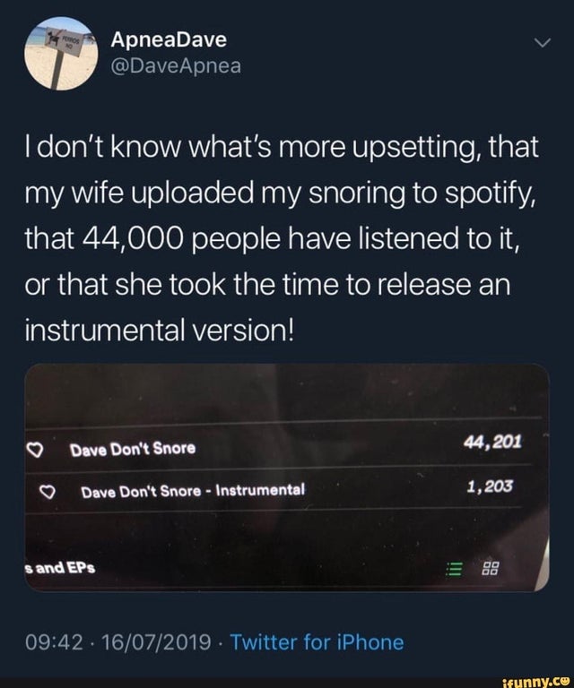 snoring spotify meme - Ros ApneaDave I don't know what's more upsetting, that my wife uploaded my snoring to spotify, that 44,000 people have listened to it, or that she took the time to release an instrumental version! Dave Don't Snore 44,201 Dave Don't 