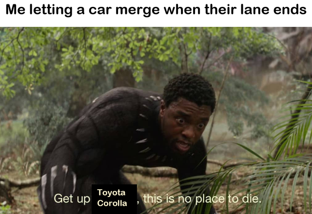 black panther dust - Me letting a car merge when their lane ends Toyota Get up Corolla this is no place to die.