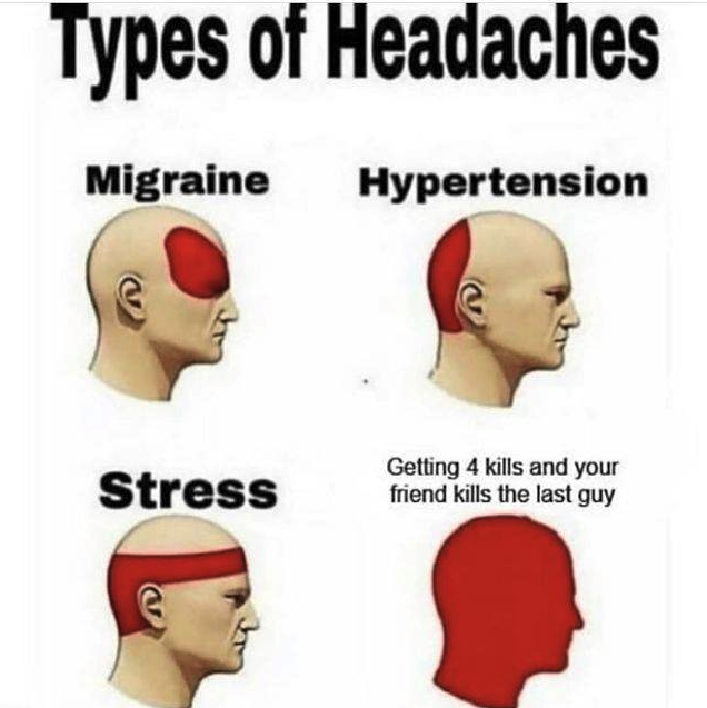 funny gaming memes - roblox arsenal memes reddit - Types of Headaches Migraine Hypertension Stress Getting 4 kills and your friend kills the last guy