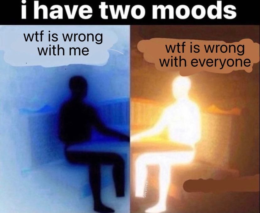 dank memes and pics - Internet meme - i have two moods wtf is wrong with me wtf is wrong with everyone