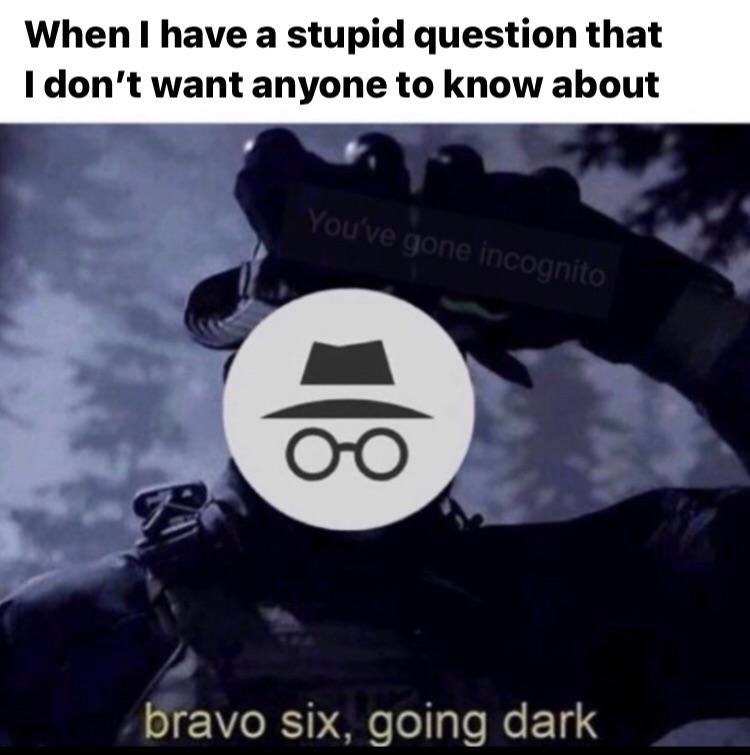 dank memes and pics - bravo six going dark meme - When I have a stupid question that I don't want anyone to know about You've gone incognito Oo bravo six, going dark