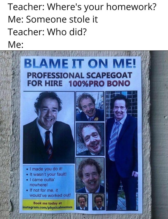 dank memes and pics - poster - Teacher Where's your homework? Me Someone stole it Teacher Who did? Me Blame It On Me! Professional Scapegoat For Hire 100%Pro Bono . I made you do it! It wasn't your fault! . I came outta nowhere! . If not for me, it would'