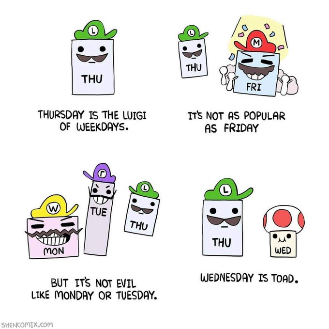 funny gaming memes - luigi is thursday - Thu Thu Fri Thursday Is The Luigi Of Weekdays. It'S Not As Popular As Friday Tue Thu W Mon Thu Wed Wednesday Is Toad. But It'S Not Evil Monday Or Tuesday. Shencomix.Com