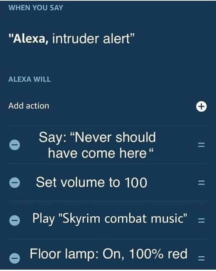 funny gaming memes - skyrim alexa meme - When You Say "Alexa, intruder alert" Alexa Will Add action 0 Say Never should have come here" O Set volume to 100 Play "Skyrim combat music" Floor lamp On, 100% red