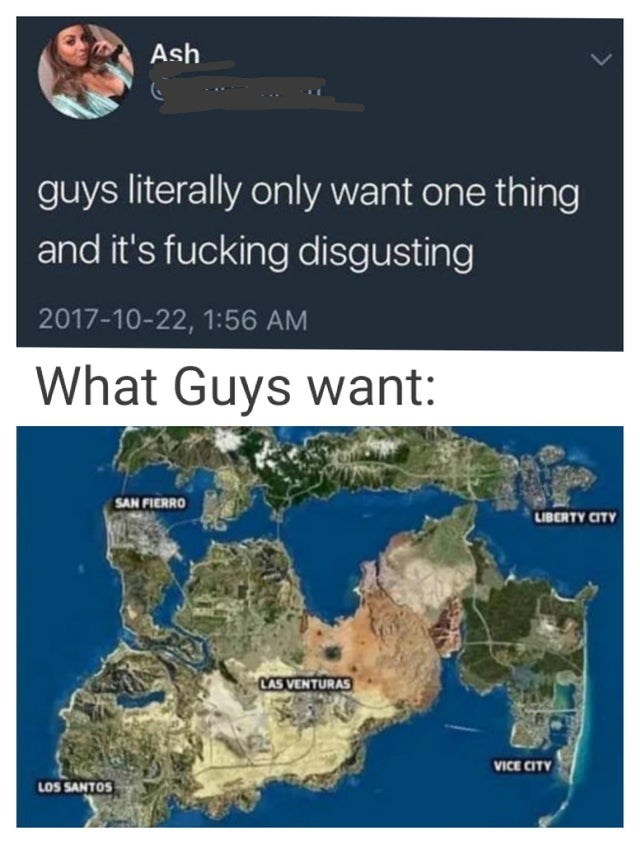 funny gaming memes - vice city liberty city and los santos - Ash guys literally only want one thing and it's fucking disgusting , What Guys want San Fierro Liberty City Las Venturas Vice City Los Santos
