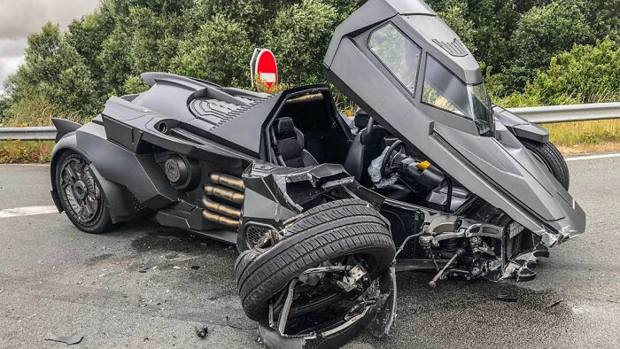 people having a bad day - batman car destroyed - We