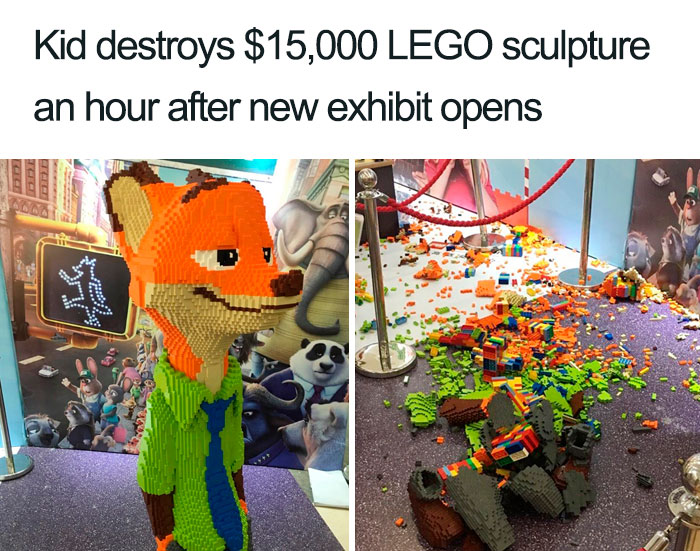 people having a bad day - lego sculptures - Kid destroys $15,000 Lego sculpture an hour after new exhibit opens a