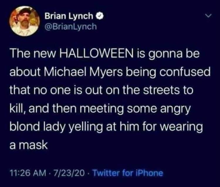 funny gaming memes -Michael Myers - Brian Lynch The new Halloween is gonna be about Michael Myers being confused that no one is out on the streets to kill, and then meeting some angry blond lady yelling at him for wearing a mask 72320 Twitter for iPhone