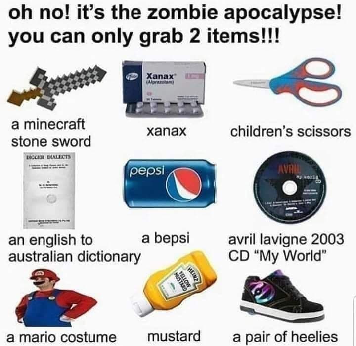 monday morning randomness - zombie apocalypse memes - oh no! it's the zombie apocalypse! you can only grab 2 items!!! Xanax Alprazolam a minecraft stone sword xanax children's scissors Dicces Dialects pepsi Avril an english to a bepsi australian dictionar