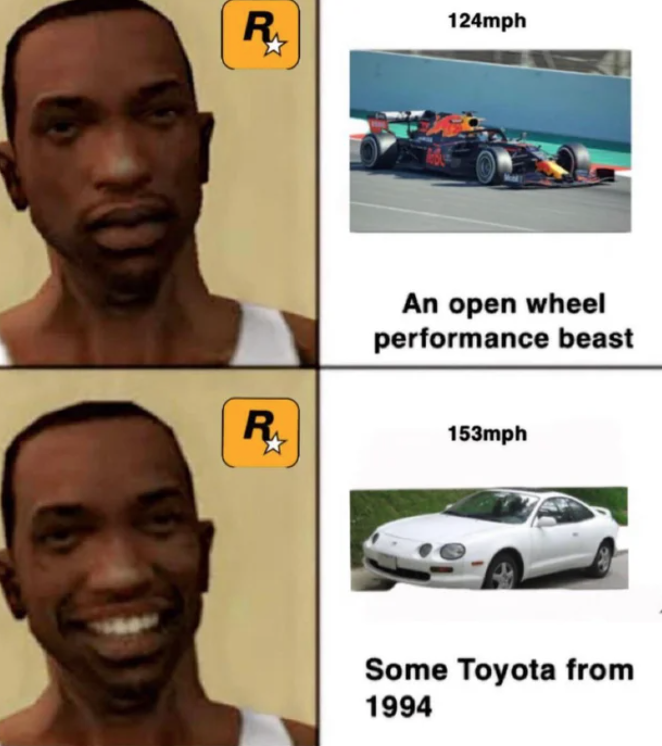 funny gaming memes - h An open wheel performance beast R 153mph Some Toyota from 1994