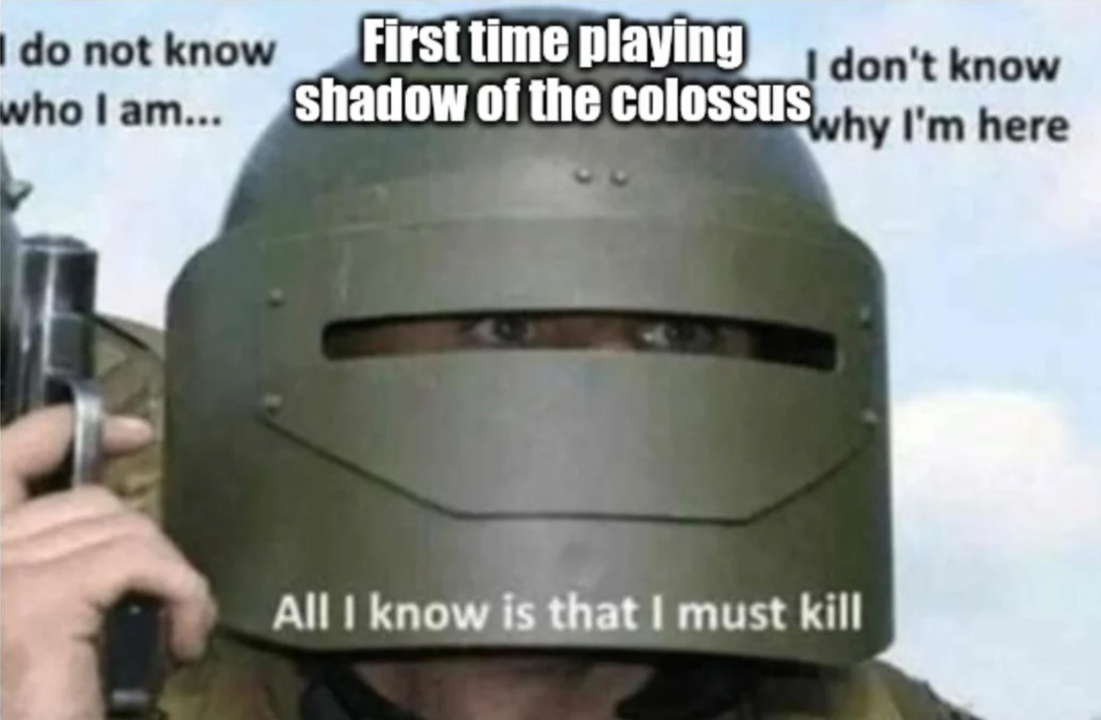 funny gaming memes - don t know who i am i don t know why - do not know First time playing I don't know who I am... shadow of the colossus why I'm here All I know is that I must kill