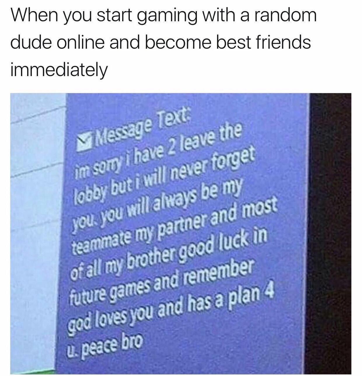 wholesome gaming moments - When you start gaming with a random dude online and become best friends immediately Message Text im som i have 2 leave the loboy but i will never forget you. you will always be my teammate my partner and most Of all my brother g