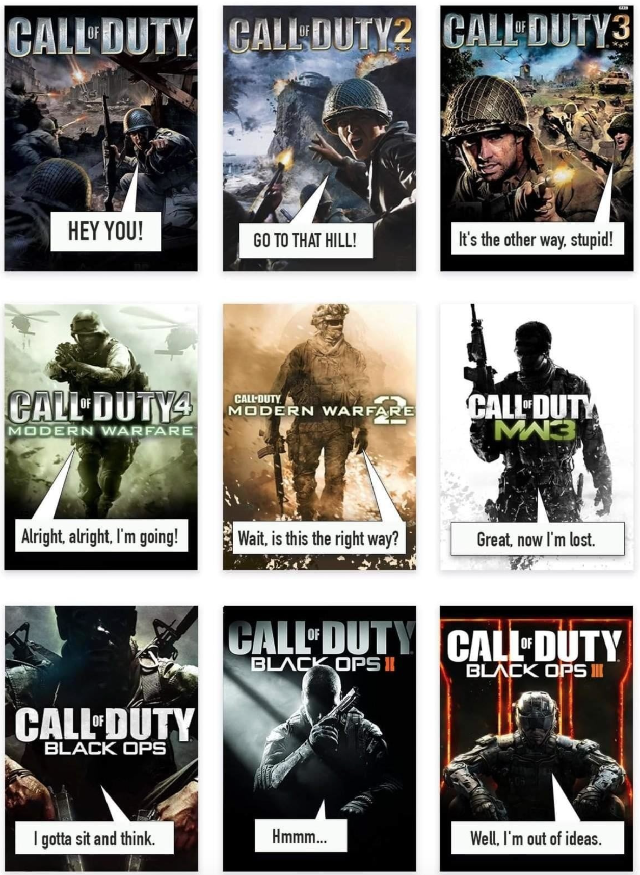 funny gaming memes - call of duty story meme - Call Duty Call OUTY2 Call DUTY3 Hey You! Go To That Hill! It's the other way, stupid! Callduty Motorn Wargare CallDuty M3 Modern Warfare Alright alright. Im going Wait, is this the right way? Great, now I'm l