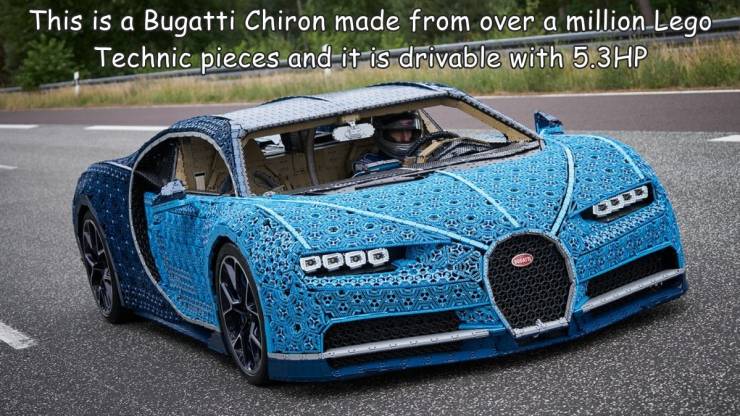 random funny and cool pics - lego bugatti chiron life size - This is a Bugatti Chiron made from over a millionLego Technic pieces and it is drivable with 5.3HP Dood