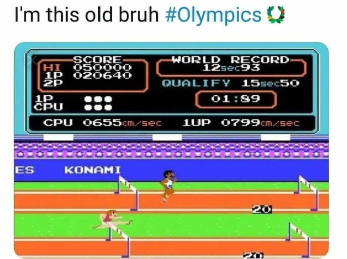 funny gaming memes - athletics - I'm this old bruh Score World Record Hi 5oooo 12sec93 1P 020640 2P Qualify 15sec50 1P Cpu Cpu 0655cmsec 1UP 0799cmsec Es Konami 20 210