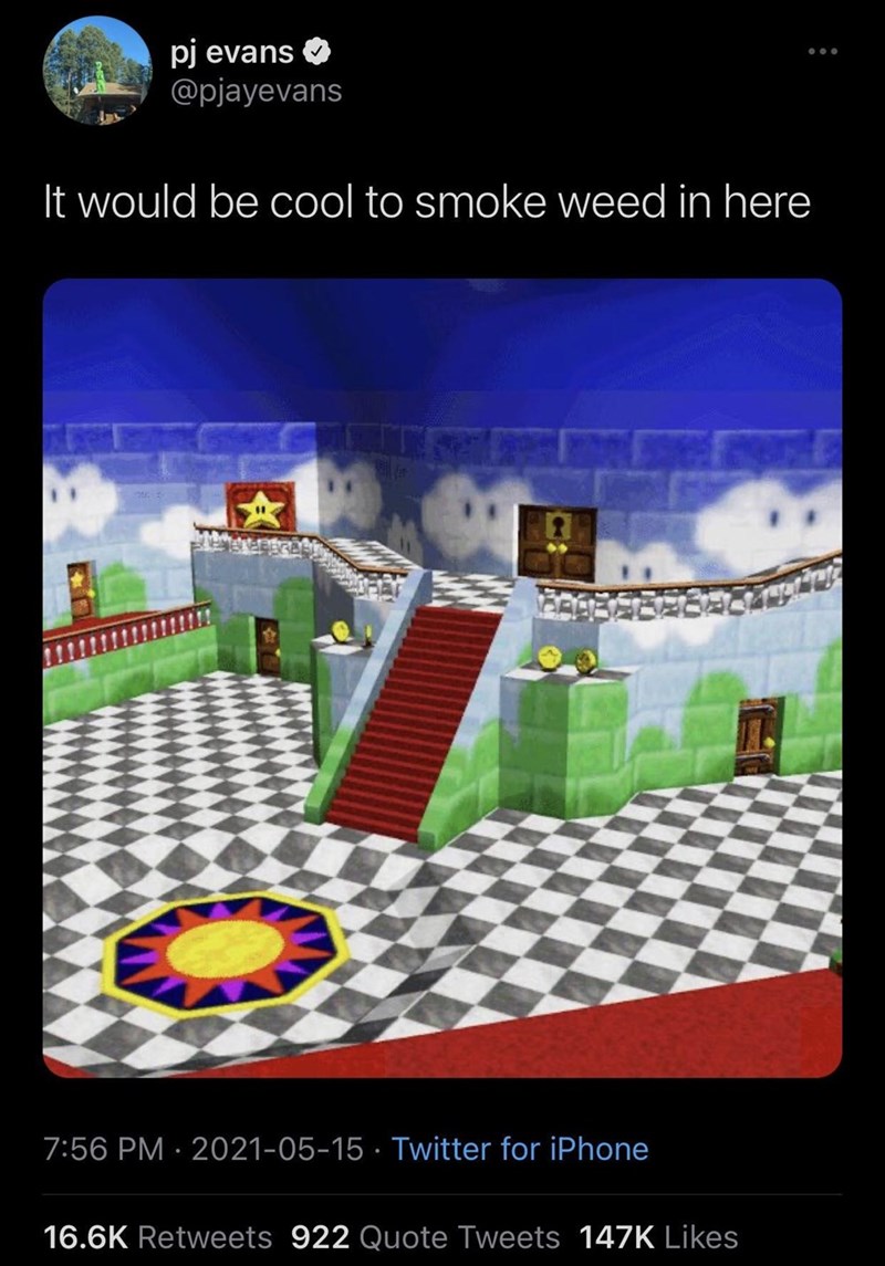 funny gaming memes - mario 64 peach's castle interior - pj evans It would be cool to smoke weed in here Twitter for iPhone 922 Quote Tweets