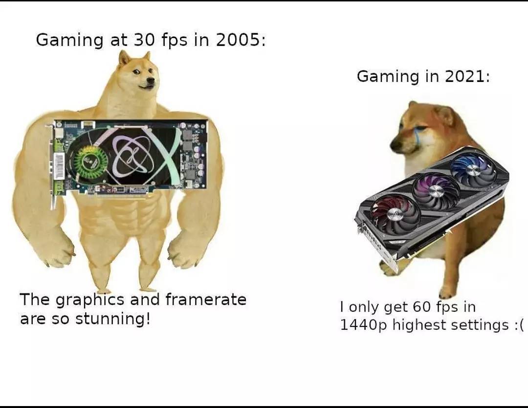 funny gaming memes - english law meme - Gaming at 30 fps in 2005 Gaming in 2021 Nedig 2 The graphics and framerate are so stunning! I only get 60 fps in 1440p highest settings