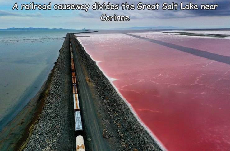 funny pics  -  Great Salt Lake - A railroad causeway divides the Great Salt Lake near Corinne