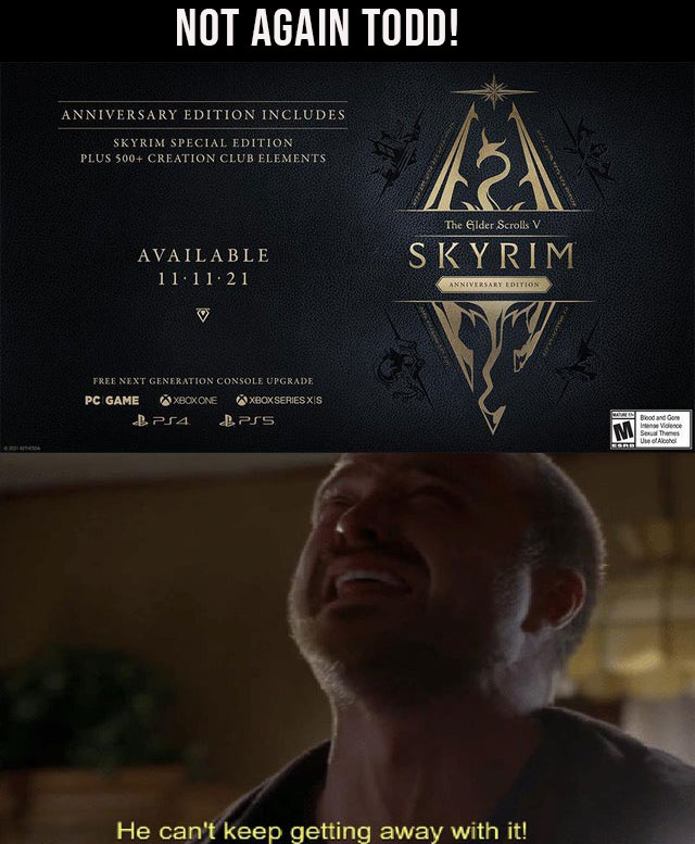 funny gaming memes - The Elder Scrolls V: Skyrim - Not Again Todd! Anniversary Edition Includes Skyrim Special Edition Plus 500 Creation Club Elements vr The Glder Scrolls V Available 11.11.21 Skyrim Anniversary Edition Free Next Generation Console Upgrad