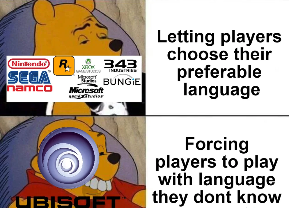 funny gaming memes - merek elektronik - Nintendo R 343 Sega Studios Bungie namco Microsoft Xbox Game Studios Microsoft Letting players choose their preferable language Industries gamestudios Forcing players to play with language they dont know Ubisoft